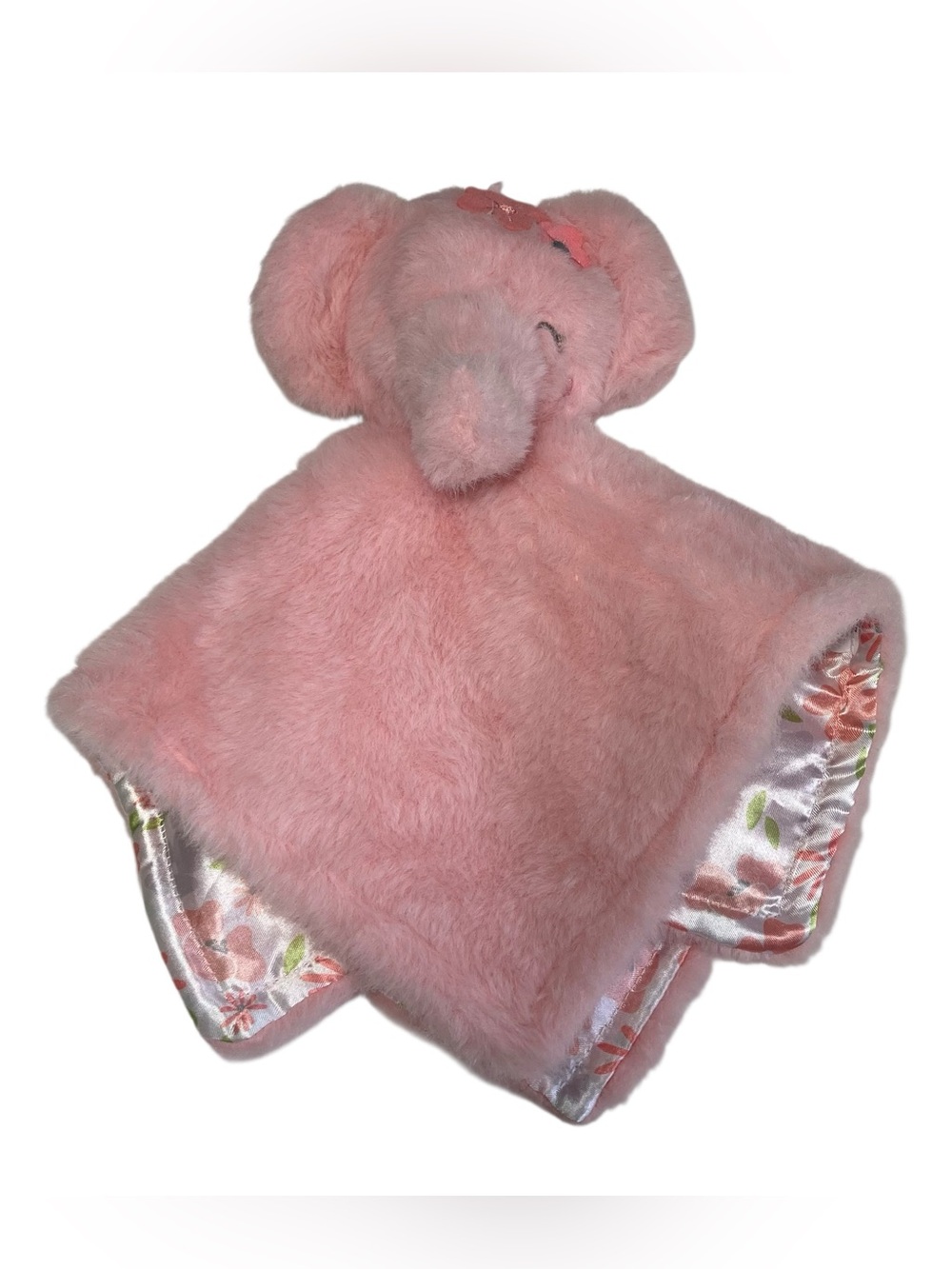 Parents Choice Elephant Lovey 16" Blanket Plush Pink Peach Flowers Satin Back.